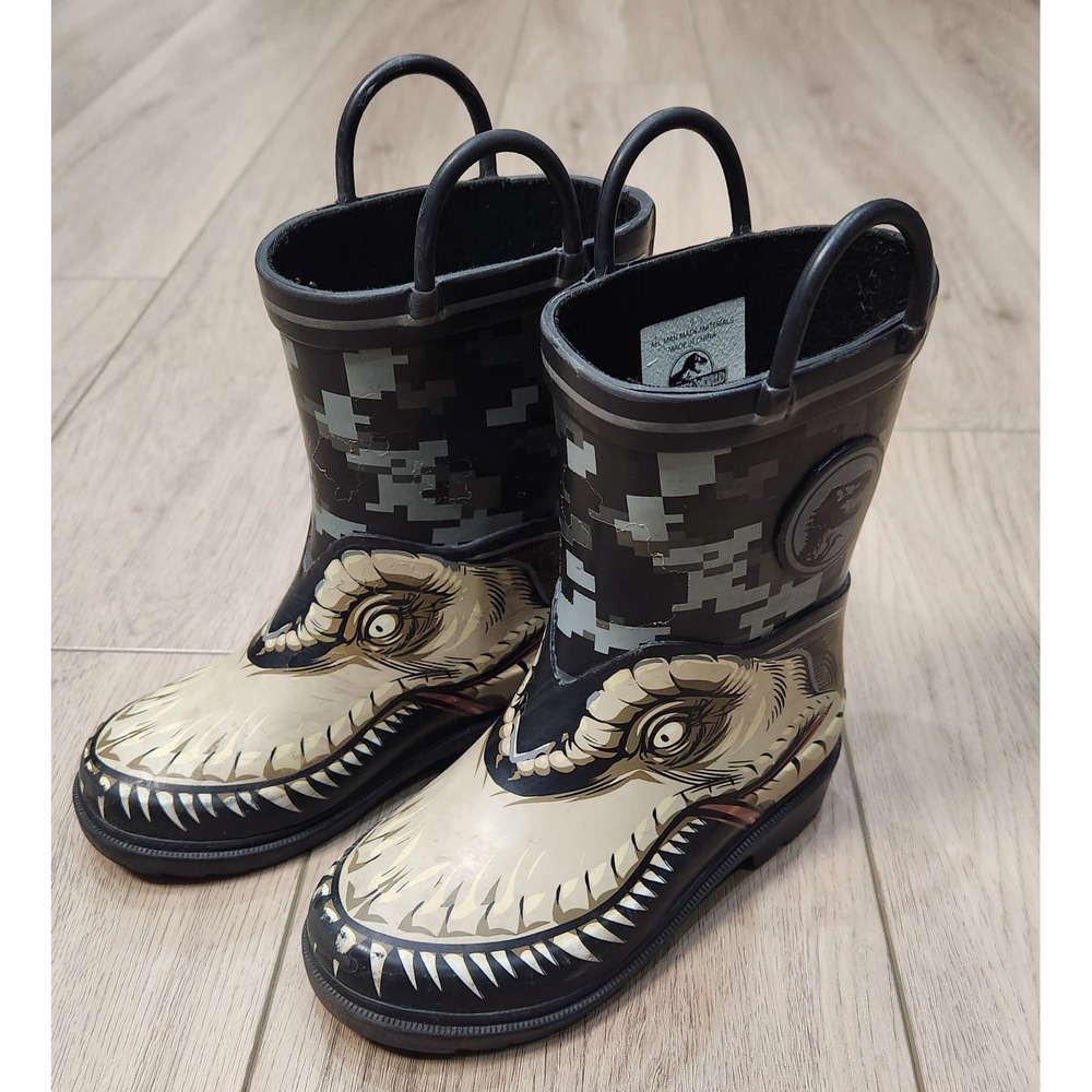 Jurassic World Kids T-Rex Dinosaur Rain Boots Black Camo Size 9 Pull Onโ